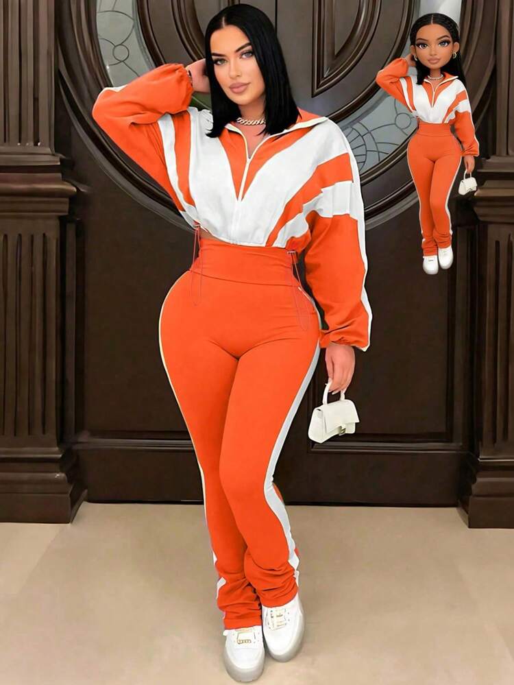 Color Block Patchwork Sports Set, Women's Casual Cinched Waist Long Sleeve Top + High Waist Skinny Pants Spring - Orange - View 1