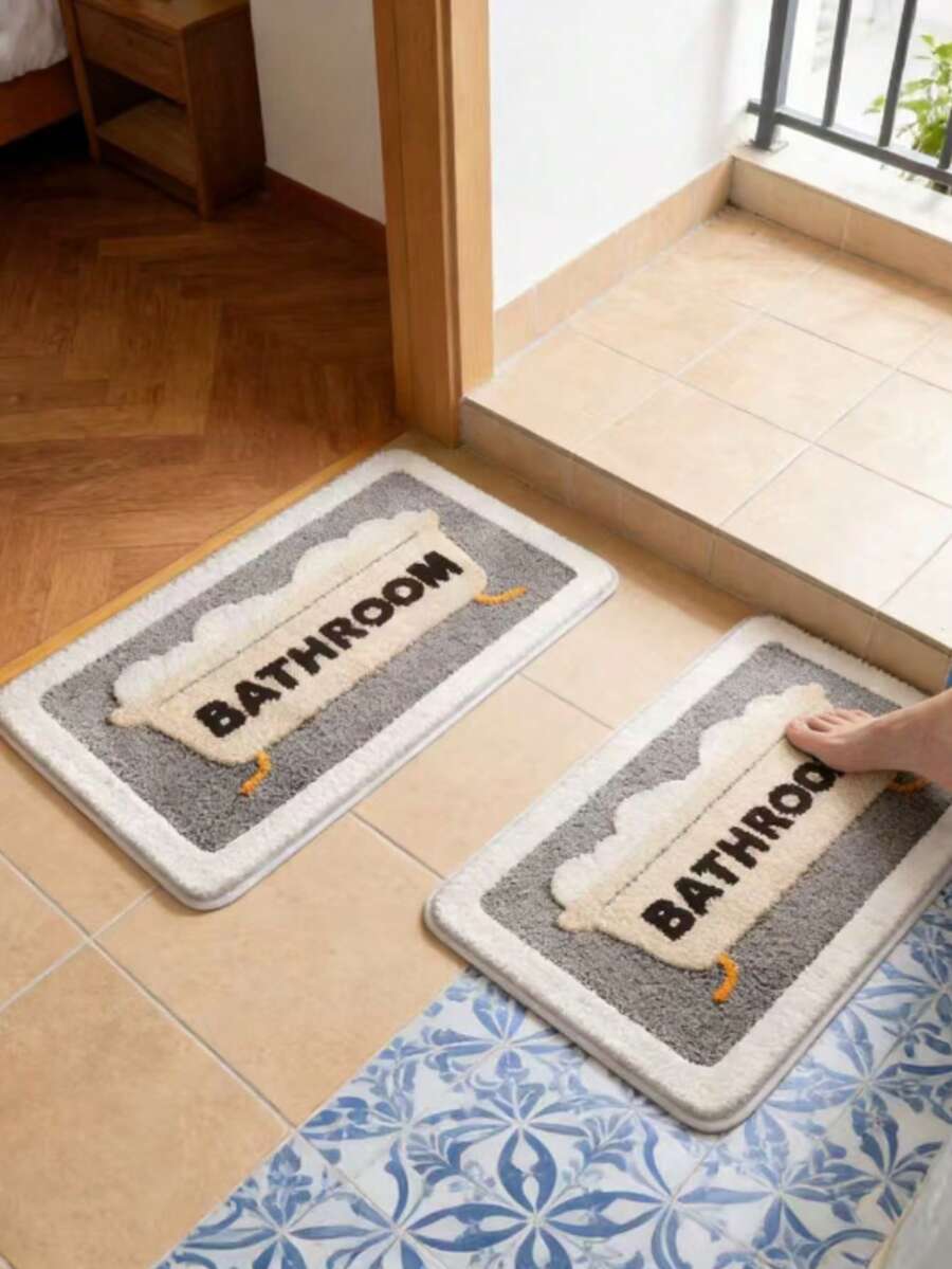 1pc Flocked Bathroom Letter Cute Cartoon Anti-Slip TPR Absorbent Soft Washable Bathroom Mat - Bathroom Mat - View 1