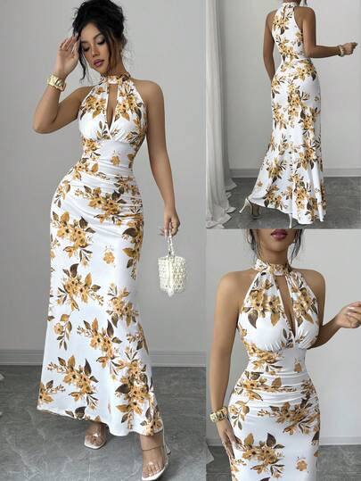 Floral Print Dress For Women, Fitted Waist Bodycon Dress, Versatile For Dates, Parties, Daily Wear, Elegant Slimming Design, Suitable For Spring, Summer, Autumn
