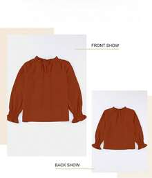 Teen Girls' Casual Blouse - V-Neck Chiffon Shirt With Smocked Cuffs And Long Sleeve - 橘紅色 - 查看 5