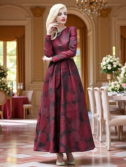 DEVCHATA Elegant Women's Long Sleeve Round Neck Jacquard Oversized Flared Hem Maxi Dress, Vintage Long Formal Gown Showcasing Charm And Nobility, Perfect For Dates, Holidays (Floral Pattern Random), (No Belt)