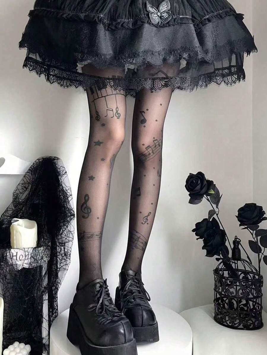 1双女士透明音符印花连裤袜，洛丽塔和哥特美学风格紧身裤，适合另类风格服装 - 黑色 - 查看 1