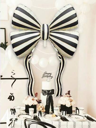 1pc Extra Large 60 Inch Striped Bow Foil Balloon, Black Striped Bow Balloon, For Bow Decor, Birthday, Wedding, Photo Shoot Decor, Bachelorette Party, Influencer Outdoor Shoot, Anniversary, Tea Party, Giant Bow Decor Background, Photo Booth
