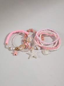 imoli 7pcs/Set Fashionable Bohemian Ocean Style Multi-Layer Glass Bead, Resin Starfish & Shell Bracelet Set, Suitable As Beach Party Jewelry Gift For Women - Pink - View 7