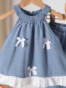 2件套女童韩版时尚蝴蝶结荷叶边无袖吊带背心和荷叶边拼接裤套装 - 淺藍色 - 查看 5