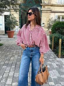 Women's Casual Street Style V-Neck Button Half Placket Long Sleeve Plaid Shirt, Spring/Summer - Red - View 4