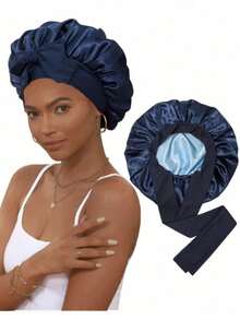 1pc Satin Bonnet, Silk Sleep Cap, Double Layer Hair Cap With Elastic Band, Suitable For Curly Hair Sleeping Cap - Aa - View 10