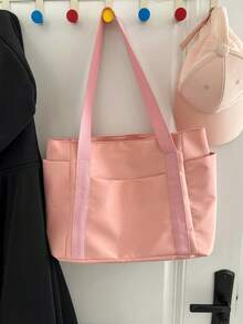 时尚纯色简约休闲大容量多拉链口袋宽肩带女士手提包，适合女士日常通勤、购物、旅行、学生日常使用。 - 粉色 - 查看 6