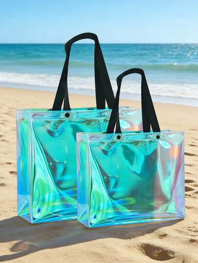 Bolso de mano holográfico de color arcoíris, bolso de playa grande impermeable, bolso de mano transparente jacquard de arcoíris, adecuado para vacaciones en la playa, vacaciones, playa, natación, piscina, crucero, barco, perfecto para vacaciones en la playa, compras y artículos esenciales para vacaciones