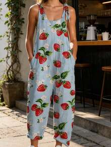 Womenacute;S Spaghetti Strap Jumpsuit Stylish Retro Print Suspender Pants Sleeveless Summer Overalls - 藍色 - 查看 3