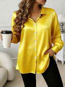 Kemeja Kancing Depan Kasual Serbaguna Berbahan Satin untuk Wanita Ukuran Plus, Cocok untuk Semua Musim, dengan Sentuhan Satin. - Kuning - View 1