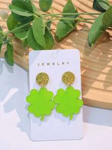 一对亚克力圣帕特里克节绿色和金色三叶草闪光耳钉，可爱派对礼物（女士款） - 彩色 - 查看 1