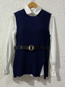 2-Piece Set: Spring Lantern Sleeve Vest And Loose Knit Vest With Front Opening - Navy Blue - View 2