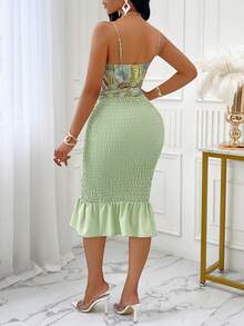 AIJ Amarilo Women's Floral Print Spaghetti Strap Waist Tie Ruffle Hem Fitted Dress (Random Print) - Aqua Green - View 2