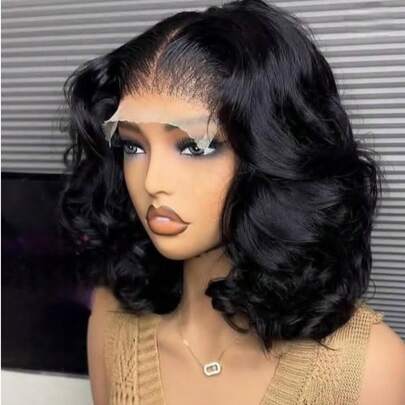 13x6 透明蕾丝前真人发假发，女士款，10-36 英寸，巴西 Remy 柔顺波浪无胶假发，蕾丝闭合假发，180% 密度，透明高清 13x6 蕾丝前额混合真人发纤维假发，耳到耳蕾丝前额自由分缝假发，工厂批发，自然黑色假发，10-14 英寸波波头假发