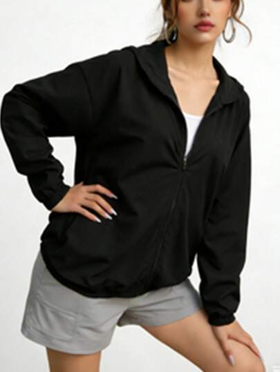 女士户外连帽夹克，全拉链宽松运动外套，适合锻炼、跑步、旅行、徒步、露营、骑行、健身等活动。