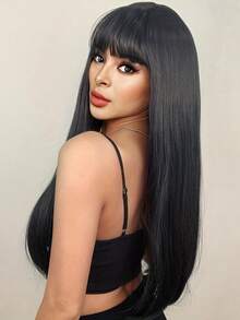 26 Inch Long Straight Wig With Bangs, Heat Resistant Synthetic Hair - Natural Soft Hair Suitable For Daily Wear, Cosplay, Halloween, Music Festivals, Christmas Events - Women's Fashion Black - Black - View 1