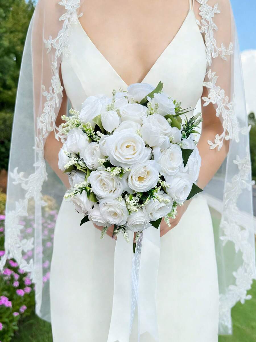 Bridal Wedding Bouquet With Heart-Shaped Diamond Ribbon Decor, Artificial Rose Flowers, Suitable For Destination Wedding Ceremony, Anniversary, Valentine's Day Decoration - Multicolor - View 1
