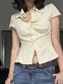 Women Short Sleeve Plaid Button Up Shirt Y2K Button Down Collared Blouse Summer Vintage Slim Fit Gingham Top - Yellow - View 5