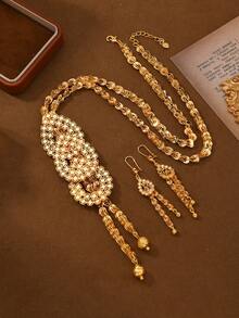 2 piezas Conjunto de joyería de collar con borla y aretes de disco con baño de oro y cobre elegante para Ramadán, regalo esencial para la oración/festividad de Ramadán para mujeres - Amarillo Oro - Ver 3