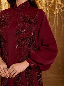 SUPGIR [随机印花] 女士长袖亮片拼接腰带晚礼服 - 酒紅色 - 查看 6