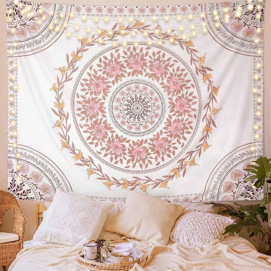 Tapiz de mandala esttico, bohemio para colgar en la pared, tapices de medalln floral rosa, arte de pared bohemio, decoracin hippie para recmara, sala de estar, recmara - 152,4L x 132,1H cm + Tapiz Boho Blanco - Ver 1
