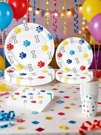 Dog Paw Birthday Decorations - 10 Pcs Cute Doggy Paws Bones Disposable Paper Dessert Plates Napkins Cups Tableware Set Puppy Theme Party Decor Supplies For Kids Boys Girls Serves 10 Guests