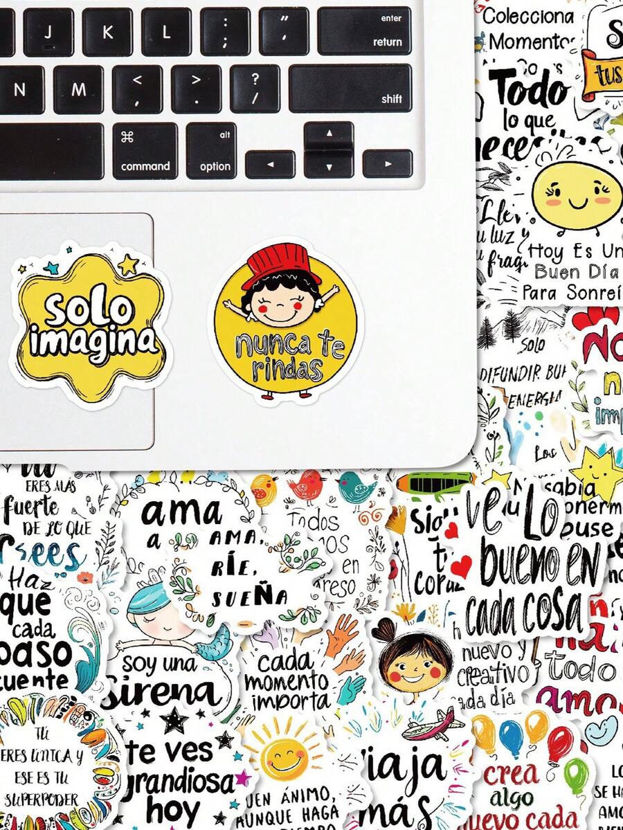 50pcs Inspirational Letter Stickers, Motivational Spanish Language Cartoon Waterproof Durable Stickers Suitable For Water Bottles, Cups, Guitars, Luggage, Phone Cases, Laptops, Skateboards, Gifts School Supplies - Multi-color a - View 1