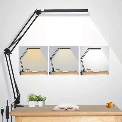 1 قطعة مصباح طاولة احترافي بإضاءة LED، ذراع قابل للتعديل، دوران قابل للتعديل بالدرجات، 3 مستويات لدرجة حرارة اللون و10 مستويات لضبط السطوع، تعمل بالطاقة من منفذ USB، مناسب لإضاءة منضدة العمل والقراءة والتجميل وفن الأظافر