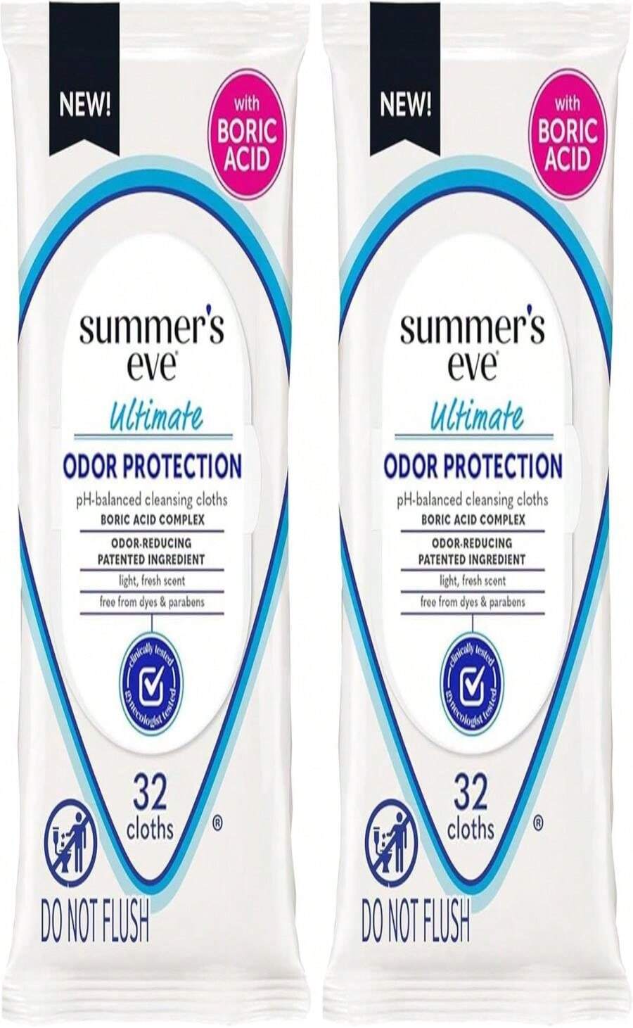 Summer'S Eve Ultimate Odor Protection Daily Feminine Wipes, Gentle PH-Balanced Formula With Boric Acid Cleanses &Amp; Removes Vaginal Odor, Resealable Pack, 32 Body Wipes (Pack Of 2) - ColorB - 查看 1