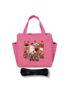 A Thermal Lunch Bag With Four Cups Of Black Coffee And Coffee Beans, Leopard Print Pattern Printed On It,Insulated Bag With The "Coffee Please" Pattern Paired With A Black Cutlery Storage Bag,Suitable For Work, Travel, School, Outings, Camping, Etc., Giving Birthday Gifts To Family And Friends, Valentine's Day, Wedding Season, Souvenirs, Bridesmaid Gifts, Ramadan ﻿ - Multicolor - View 14