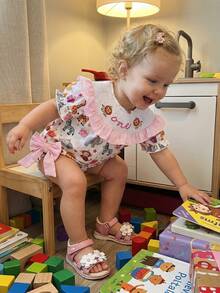 Infant Baby Girl Birthday Romper Letter Embroidery Bow Print Short Sleeve Ruffled Round Neck Bodysuit - Light Grey - View 3
