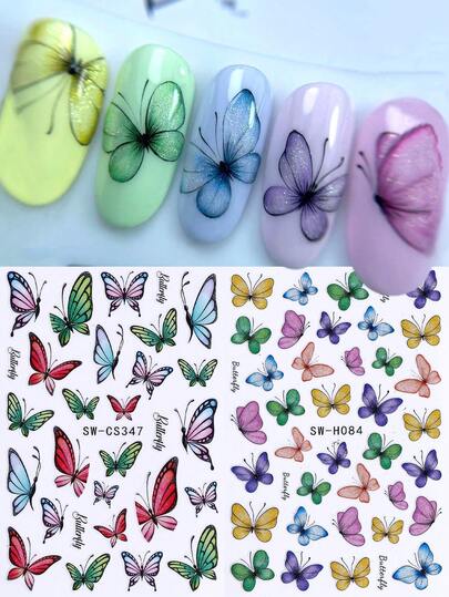2pcs 3D Butterfly Nail Stickers Pink Purple Green Butterfly Yellow Nail Charms Spring Decoration Flowers Leaf Decals Manicure Foils DIY Manicure Accessories Tools Nail Supplies