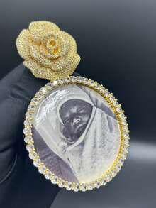 Custom Pearl & Diamond Style Large Round Photo Frame Pendant, Brass Cubic Zirconia Shiny Necklace Pendant, DIY Photo, Hip Hop Everyday Wear Jewelry, Comes With 50cm Braided Chain - Pearl Style - View 17