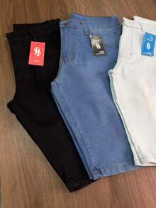 Set Of 4 Men's Light Black, Dark Black, Medium Black Denim Shorts With Elastane, Slim Fit, Direct From The Factory, Premium, Various Washes - 淺藍色 - 查看 3