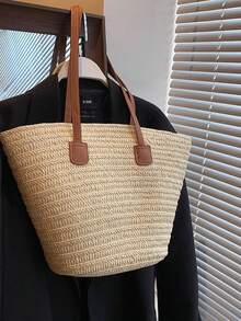 Large Capacity Straw Bag For Casual Vacations, Beach, Portable, New Fashion Woven Shoulder Bag - Beige - View 3