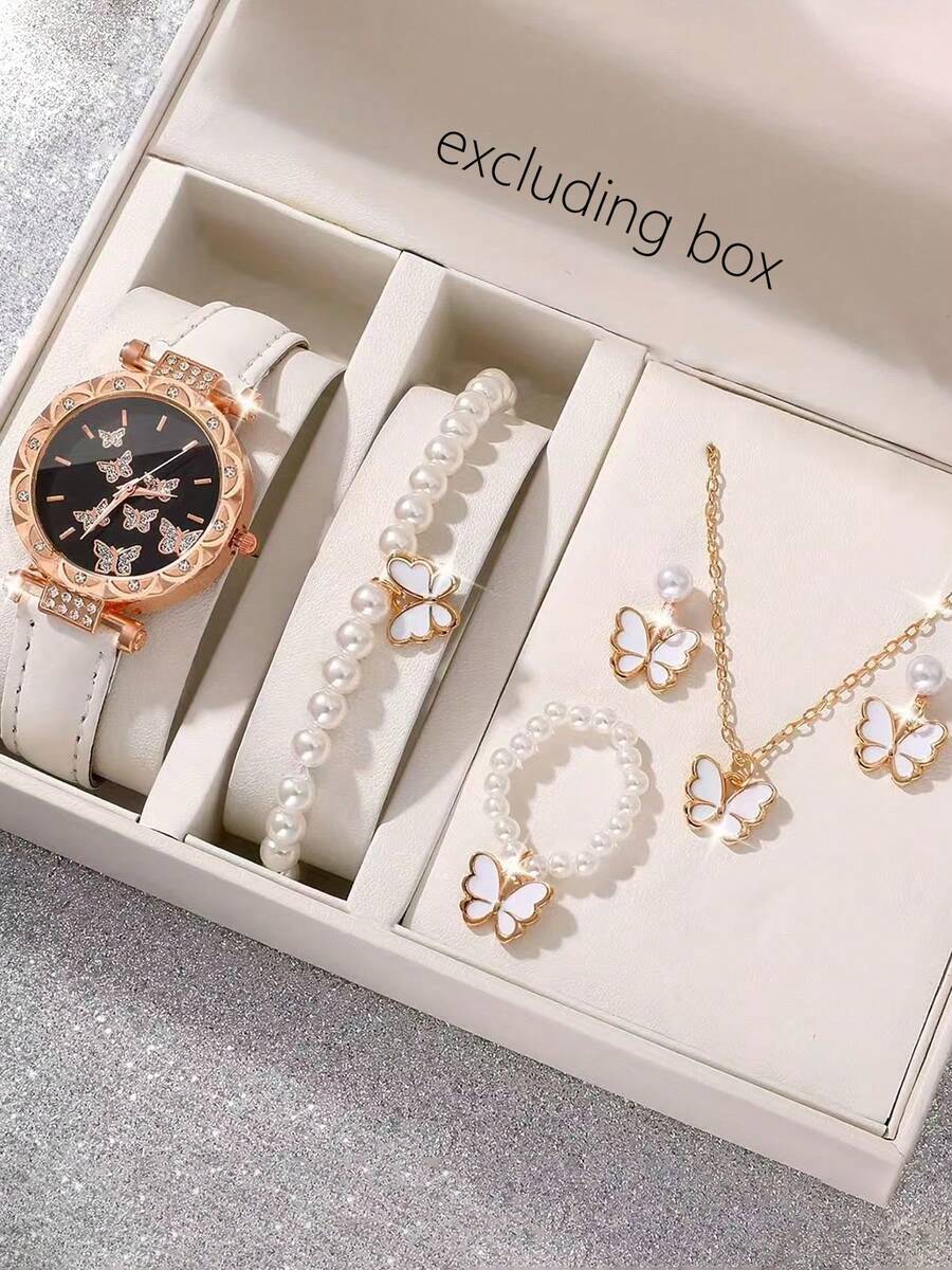 Bộ 6 món đồng hồ và trang sức nữ thanh lịch hình bướm, dây đeo giả da, vòng cổ và bông tai, thích hợp để đeo hàng ngày hoặc làm quà tặng. - trắng - Xem 1