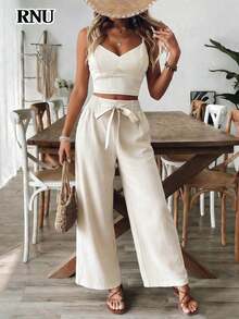 RNU Women's Apricot Elegant Gathered Bra Cup Bowknot Camisole, Paired With Elastic Waist Straight Leg Pants, 2-Piece Casual Outfit Suitable For Holiday, Beach, Valentine's Day, Carnival, Commuting, Office, Spring/Summer - Apricot - View 2