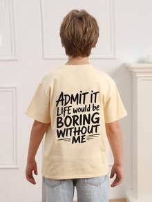 Young Boy Casual Graphic Print Crew Neck Short Sleeve T-Shirt, Summer Top - Apricot - View 2