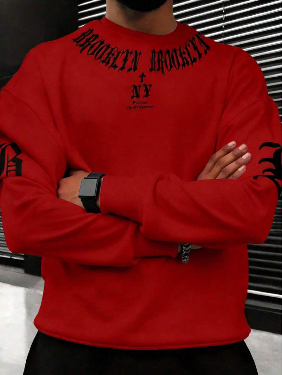 Sudadera casual y cómoda de cuello redondo tipo raglan para hombres - Rojo - Ver 1