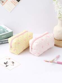 1 pieza Estuche de lápices elegante con diseño de lazo a cuadros rosa, bolsa de almacenamiento de papelería para estudiantes, decoración de escritorio y artículo esencial para oficina, imprescindible para volver a la escuela - Una pieza - Ver 6