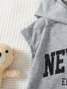 2件套男童休闲时尚字母印花插肩袖连帽衫上衣和仿抽绳短裤，春夏款 - 灰色 - 查看 5