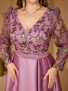 SUPGIR Plus Women's Stand Collar Cape Sleeve Sequin Patchwork Slim-Fitting Chiffon Temperament Evening Dress - Red Violet - View 5