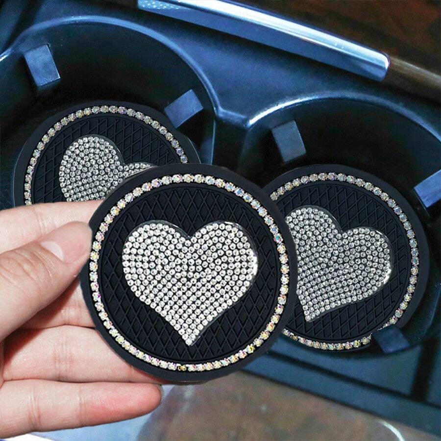 2个装黑色水钻心形杯垫，汽车水钻水杯垫，闪亮心形杯垫，防滑PVC隔热汽车配件 - 2pc愛心杯墊 - 查看 1