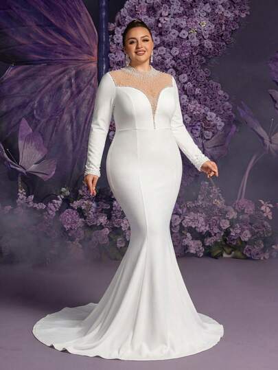 Faeriesty 珍珠刺绣网纱拼接长袖白色大码美人鱼晚礼服，适合婚礼宾客、晚宴、鸡尾酒会等场合