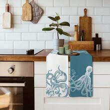 Aqua Teal Coastal Octopus Decor Dish Hand Tea Towels For Bathroom Kitchen, Octopus Ocean Nautical Beachy Bathroom Decor, Coastal Nautical Kitchen Towels And Dishcloths Sets Of 2, 16x24 Inch - 藍綠章魚 - 查看 6