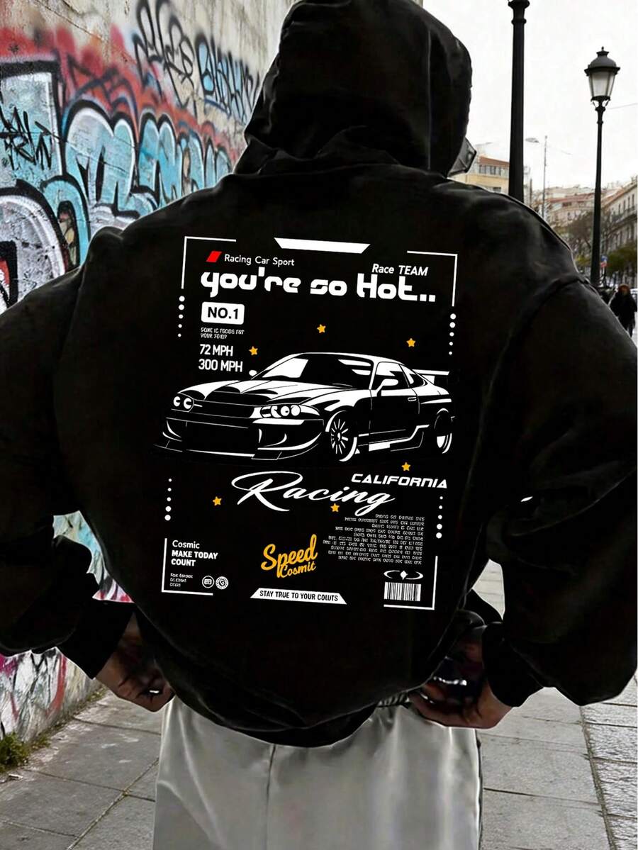 Nissan GT-R Design Hoodie, Car Print Hoodie, Loose And Casual Fit, Comfortable Fleece Sweatshirt For Men, Everyday Wear, Versatile, Retro Style, Suitable For Outdoor Activities, Winter Hoodie, A Valentine's Day Gift For Men. - 黑色 - 查看 1