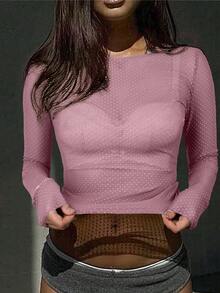 Y2K Shiny Beaded Crew Neck Long Sleeve Fitted Mesh T-Shirt Top - Pink - View 3