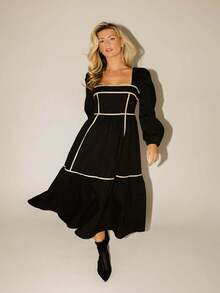 Women's Casual Long-Sleeved Square-Neck Backless Mid-Length Dress - Black - View 2