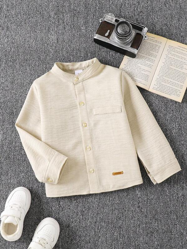 Boys' Apricot Stand Collar Shirt, Children's Fashion Casual Fake Pocket Long Sleeve Top, Comfortable Daily Wear For Spring, Summer, Autumn, Back To School Season